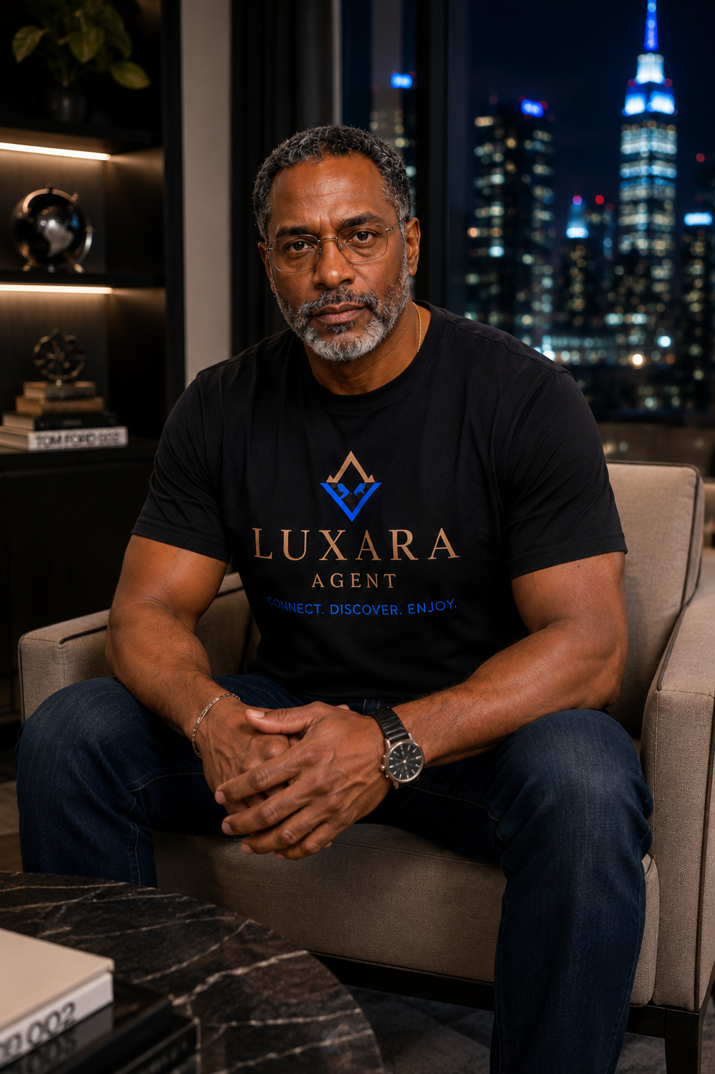 Bob Sapp seated in Luxara Agent tee, executive lounge