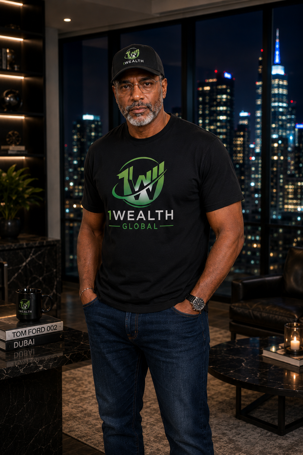 Bob Sapp wearing 1Wealth.Global cap and tee with skyline backdrop