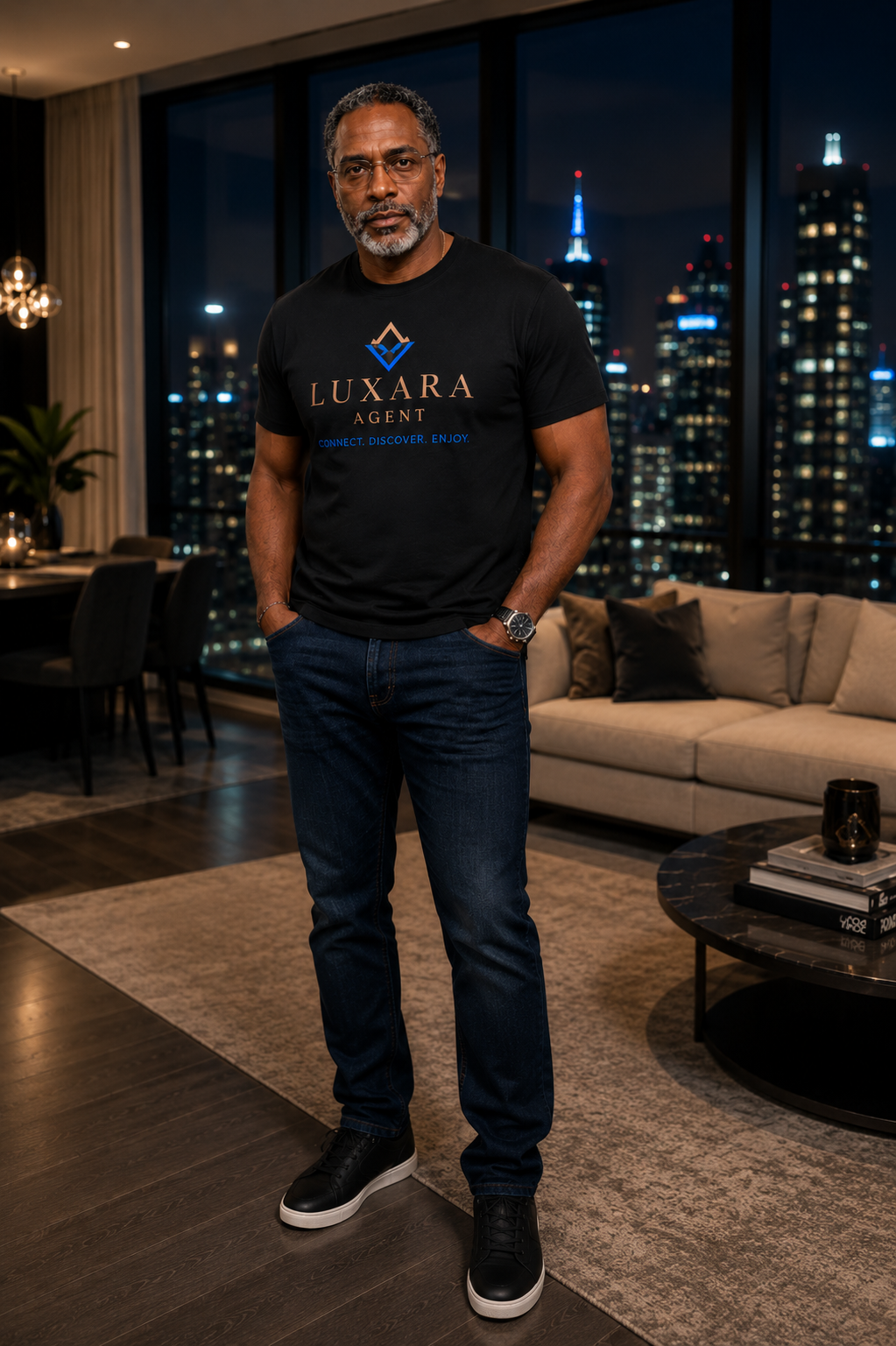 Bob Sapp standing in Luxara Agent tee, penthouse skyline